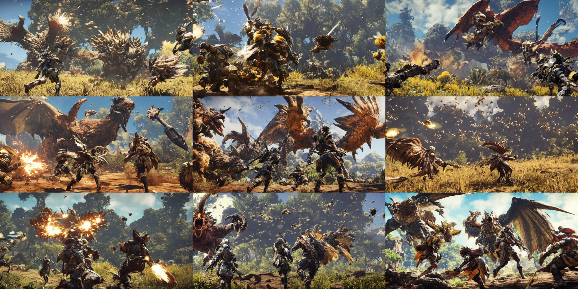 Prompt: ultra wide gameplay screenshot, monster hunter world, covered in bees