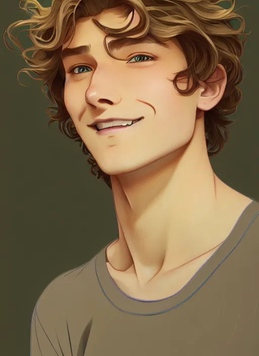 Image similar to young man with medium - length, curly, golden hair, perfectly proportioned face, aquamarine eyes, sweet smile, natural lighting, path traced, highly detailed, high quality, cartoon, digital painting, by new haicheng and studio ghibli and alphonse mucha