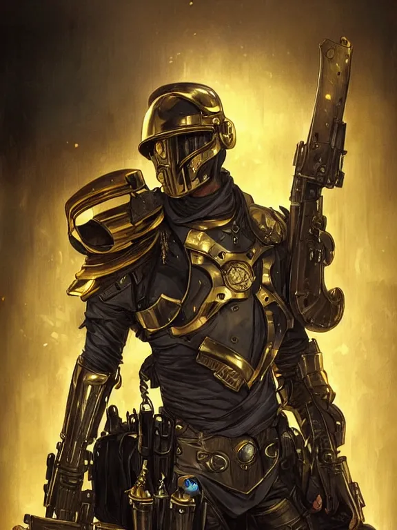Prompt: picture of city enforcer, male, armor, helmet, steampunk tech, black and gold, grimdark, digital painting, highly detailed, smooth, sharp contrast, by artgerm and greg rutkowski and alphonse mucha, comic cover art