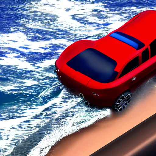 Prompt: red elephant car driving on the Pacific ocean, highly detailed, 8k, bordering on artstation, her-n 9