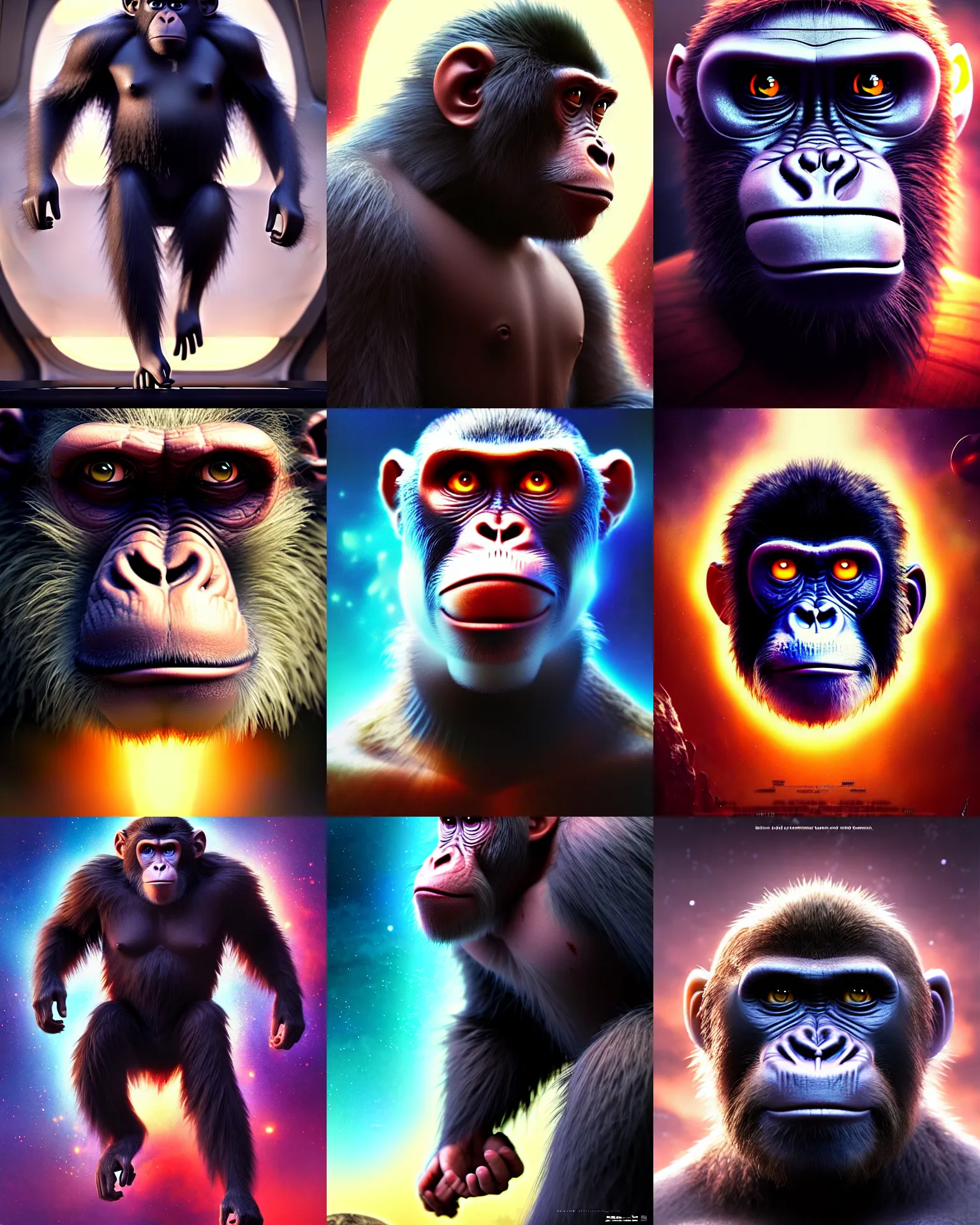 Prompt: sci - fi pixar anime movie poster portrait photo of a tough gruff intense space ape monkey by weta, marvel : : by greg rutkowski, wlop, ilya kuvshinov, rossdraws, artgerm, rave makeup, unreal engine, heavy brow, pearlescent, morning, artstation, : :