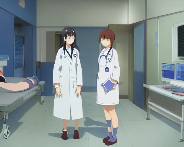 Prompt: a cute young female doctor wearing white coat are talking to a patient in a clinic room, slice of life anime, lighting, anime scenery by Makoto shinkai