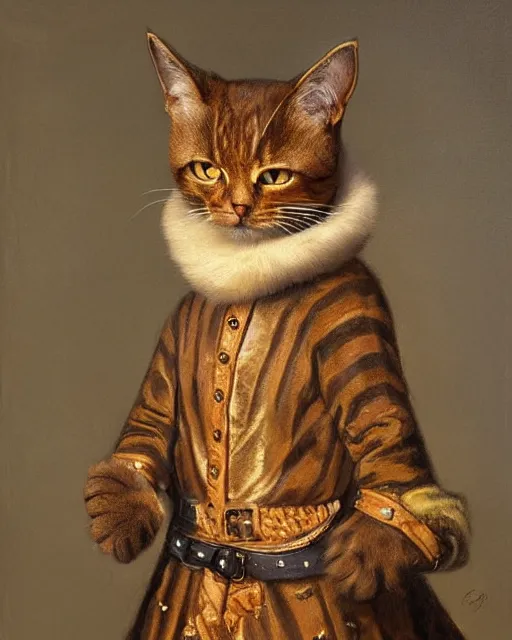 Image similar to portrait of cute brown cat with serious expression wearing 1 7 th century royal guard uniform, baroque painting, greg rutkowski