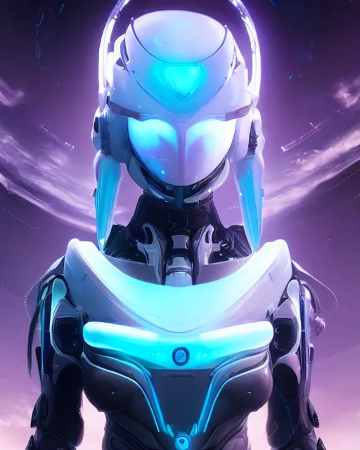 Image similar to perfect android girl on a mothership, warframe armor, beautiful face, scifi, futuristic, galaxy, nebula, raytracing, dreamy, long white hair, blue cyborg eyes, sharp focus, cinematic lighting, highly detailed, artstation, divine, by gauthier leblanc, kazuya takahashi, huifeng huang