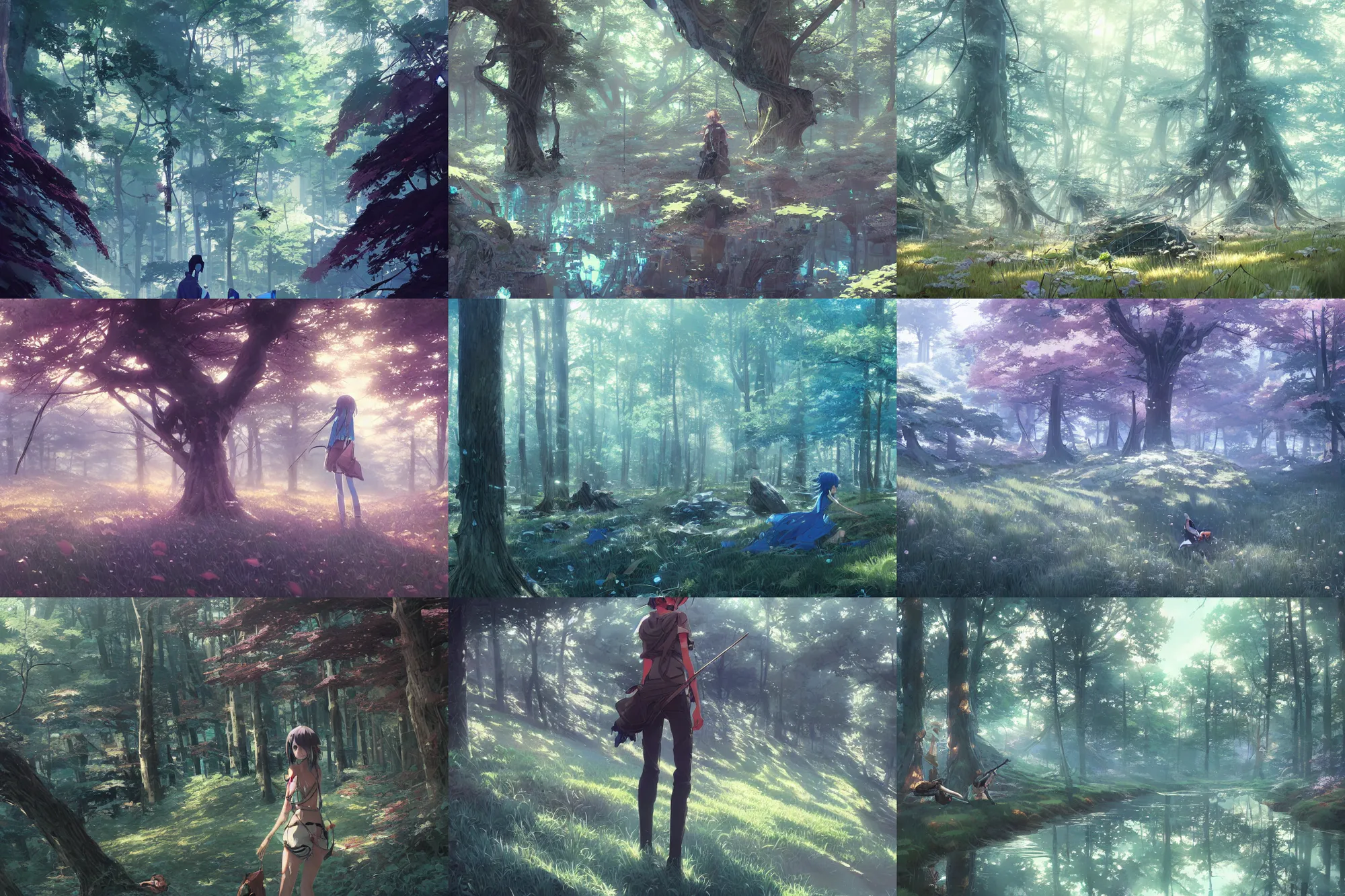 Prompt: blue grass forests, semirealistic, hyper detailed, digital painting, artstation, concept art, sharp focus, illustration, art by makoto shinkai and masamune shirow and wlop