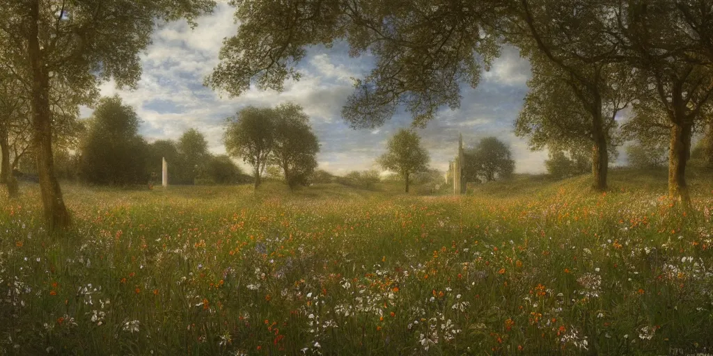 Prompt: a recursive cathedral made of glass within a wildflower meadow at dawn, in the style of alma tadema