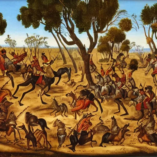 Prompt: 16th century portrait of darts players riding kangaroos into battle in Australian outback -n 6