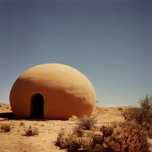 Image similar to an orb-like clay house sitting in the desert, vintage photo, beautiful cinematography, blue sky, film grain