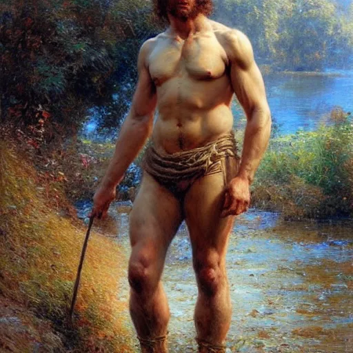 Image similar to young shepherd by a river, playful, male, muscular, detailed face, thighs!!!! gorgeous, amazing, muscular, intricate, highly detailed, painting by Gaston Bussiere, Craig Mullins