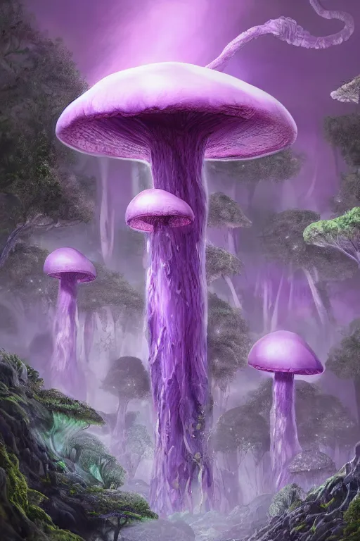 Image similar to Giant Mushroom Dripping Viscous Blobs of Purple Liquid from its Cap, Deep Forest, Overgrowth, fantasy, digital illustration, realistic, trending on artstation, volumetric lighting, ultra detailed