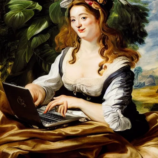 Image similar to heavenly summer sharp land sphere scallop well dressed lady working on her laptop auslese, by peter paul rubens and eugene delacroix and karol bak, hyperrealism, digital illustration, fauvist