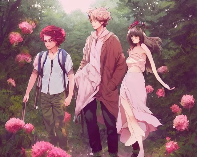 Image similar to a cinematic boy girl traditional romance moment of a group of university friends dressed as different animals hiking wearing boho clothing and peonies, full body illustration,bestselling movie art poster, official media, 1970s fashion, official anime media, incredible art by artgerm and greg rutkowski and doja cat