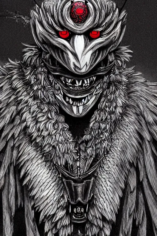 Prompt: crow devil, red eyes, highly detailed, digital art, sharp focus, trending on art station, kentaro miura manga art style