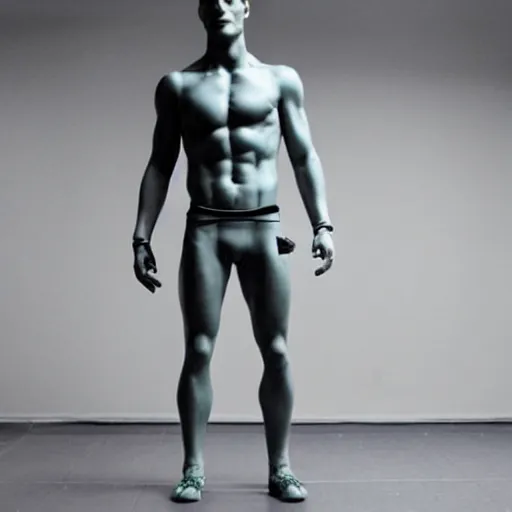 Image similar to “a realistic detailed photo of a guy who is an attractive humanoid who is half robot and half humanoid, who is a male android, fitness model Ryan Dengler, shiny skin, posing like a statue, blank stare”