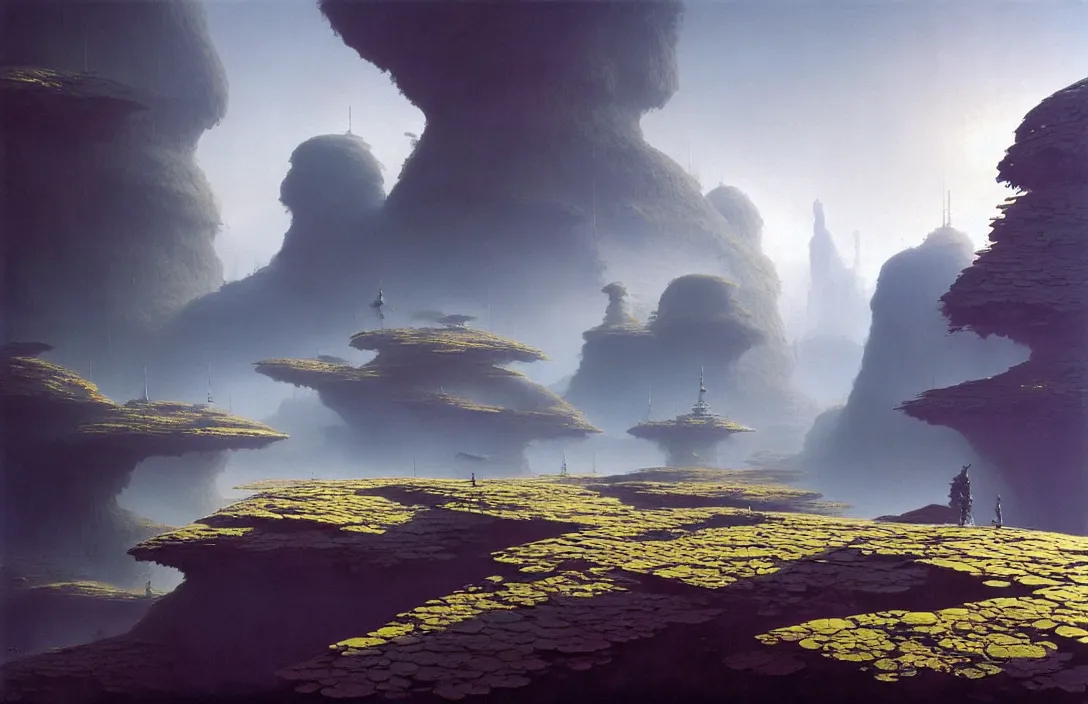 Image similar to line density is used for rendering light and shadow. painting by roger dean once in a lifetime by jan urschel