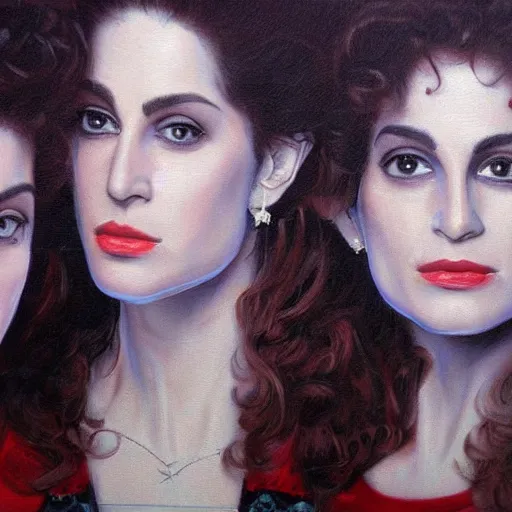 Image similar to a highly detailed painting. 1987-era Prince jealous of twin sisters Wendy and Susannah Melvoin. Photorealistic. Trending on Artstation.