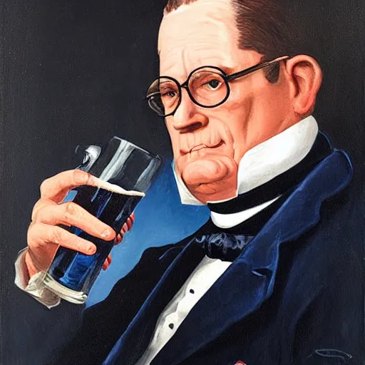 Image similar to painting of a portrait ofVictorian Era president Hank Hill drinking a Pabst Blue Ribbon beer, realistic