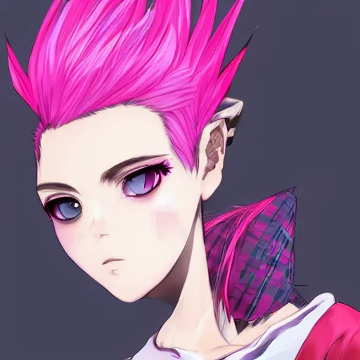 Image similar to full headshot portrait of anime woman with pink mohawk punk, digital art, drawn by WLOP, by Avetetsuya Studios, anime manga panel, trending on artstation, wearing a plaid shirt