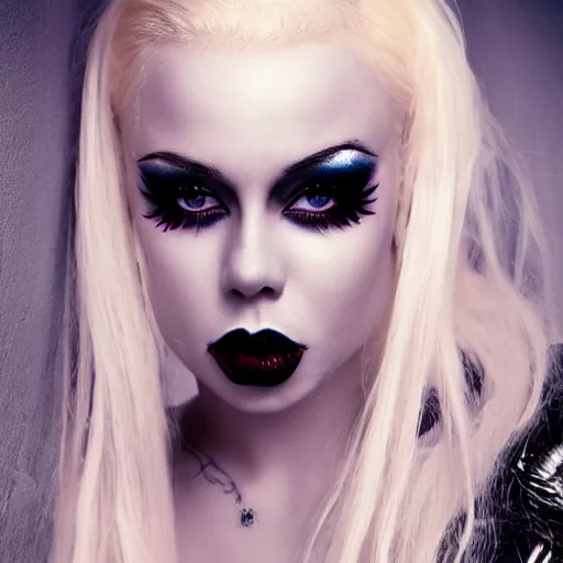 Prompt: modeling photograph kerli koiv, blonde, femme fatale, beautiful, dark, mysterious, bubble goth makeup, detailed flawless face, dramatic darkroom lighting high exposure, head and shoulders 8 0 mm camara