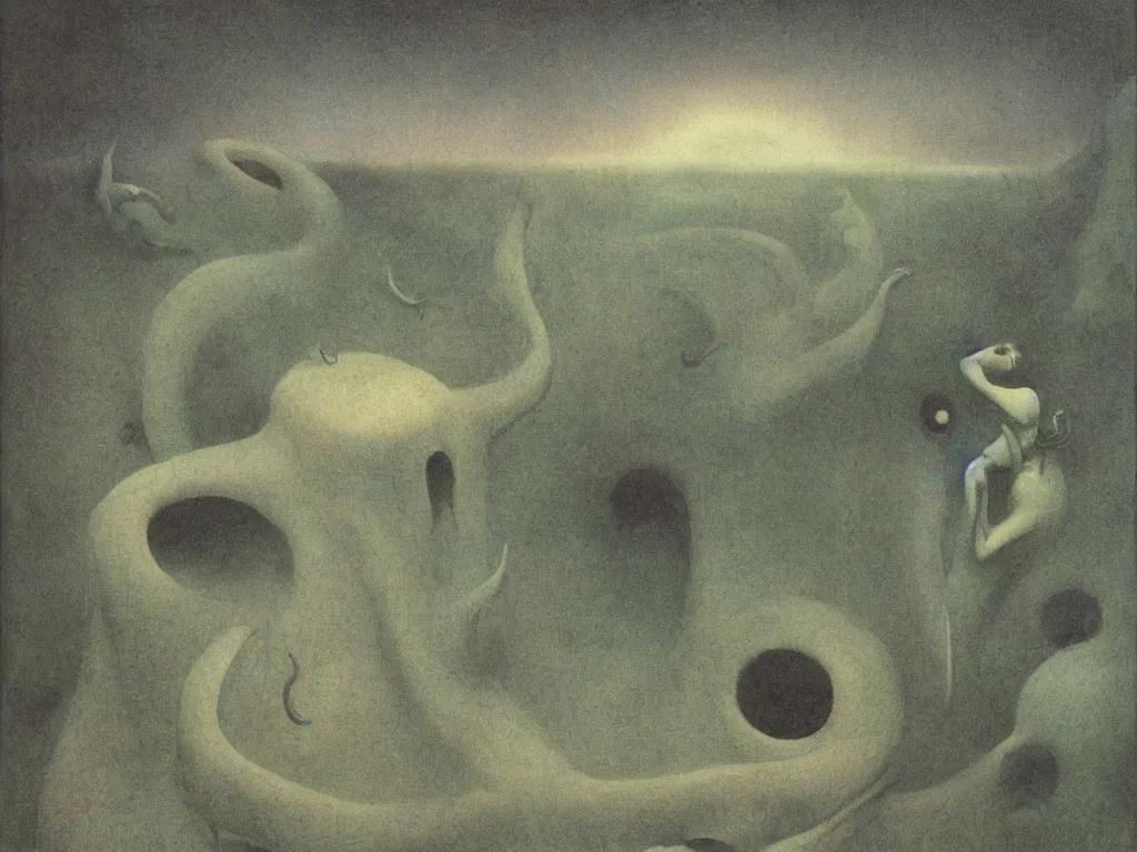 Prompt: deep sea strange creatures. Painting by Roger Dean, Alfred Kubin