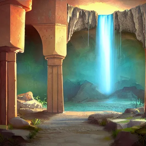 Image similar to a waterfall in the interior of a ancient arabian structure, epic retrowave art, trending on art station