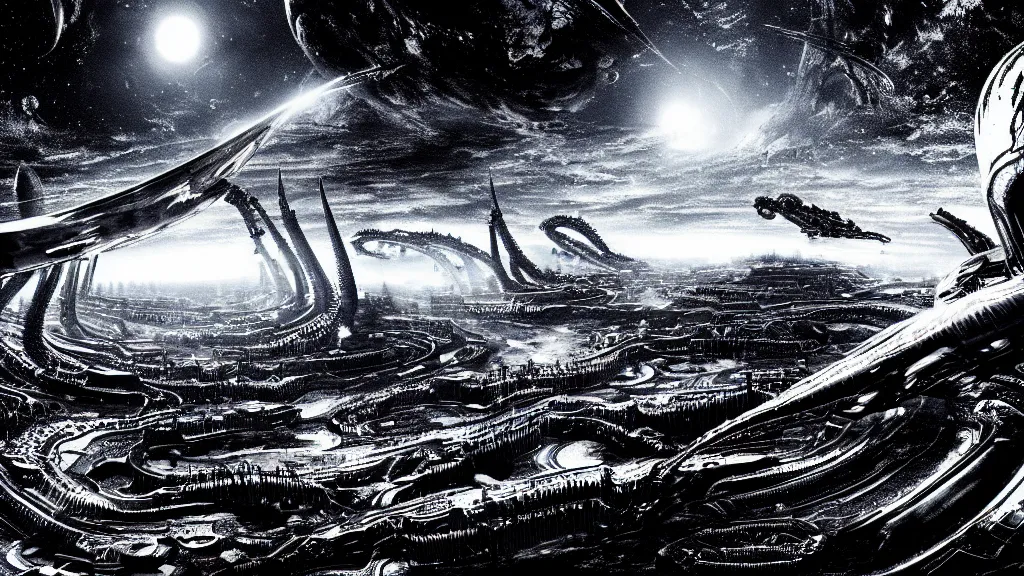 Prompt: a lot small slippery slime spaceships with xenomorph epic explode in space, by giger, by tsutomu nihei, landscape, background sharp earth, black and white, sketch, futurism, 8 k