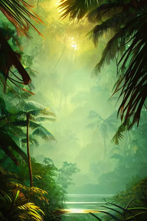 Image similar to a tropical forest near the mangrove of florida everglades, tone mapped, shiny, intricate, cinematic lighting, highly detailed, digital painting, artstation, concept art, smooth, sharp focus, illustration, malika favre