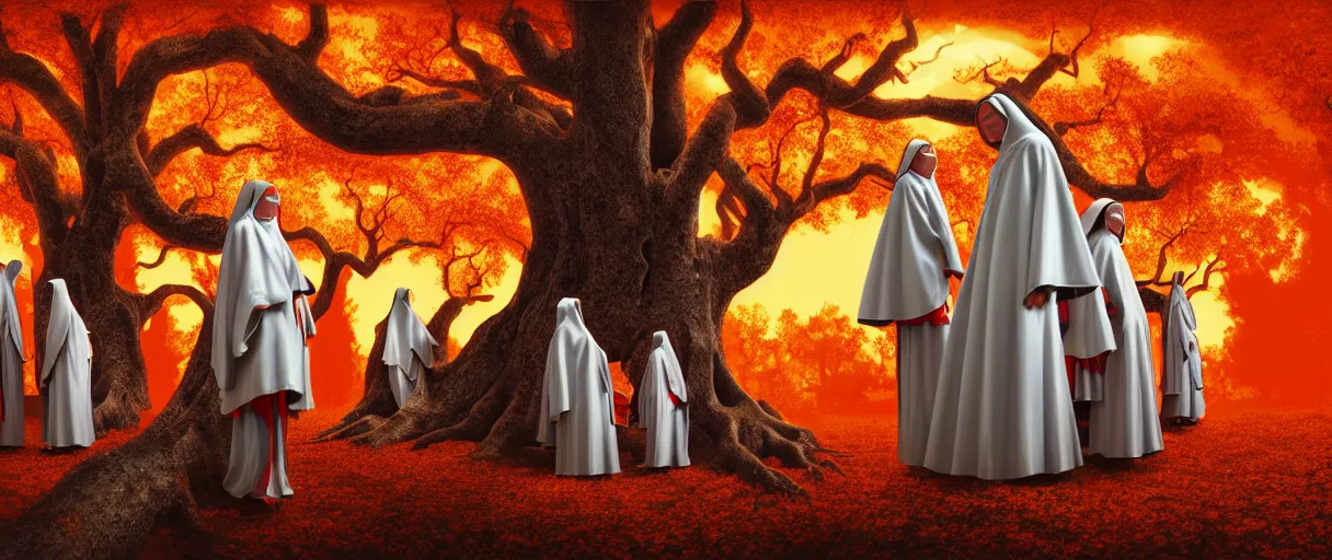 Prompt: hyperrealistic hyper detailed 35mm portrait of cyborg nuns tangled into a giant oak tree matte painting concept art key sage jeff koons very dramatic orange lighting low angle hd 8k sharp shallow depth of field