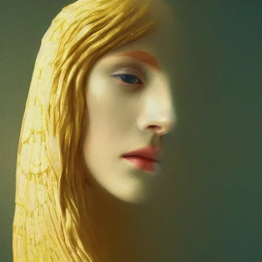 Image similar to a beautiful girl's face made of ivory and gold filigree, old photo by edward hopper, by Bosch, by klimt, art noveau, highly detailed, strong lights, liminal, eerie, Bright pastel colors, octane render, 8k,