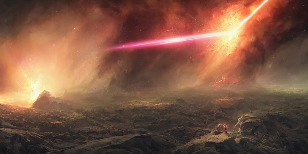 Image similar to epic portrait an planet being destroyed by lasers from freighters, dark, stars, glowing, fire, digital painting, artstation, concept art, soft light, hdri, smooth, sharp focus, illustration, fantasy, intricate, elegant, highly detailed, D&D, matte painting, in the style of Greg Rutkowski and Alphonse Mucha and artemisia, 8k, highly detailed, jurgens, rutkowski, bouguereau, pastoral, rustic, georgic