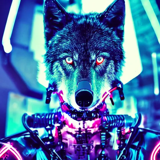 Image similar to portrait of half cybernetic wolf, l machine, animal, wires and translucent liquid, cyberpunk, robot wolf, mechanical parts, jewelry, editorial photography, neons, blade runner, futuristic style, realistic bokeh and depth of field, award winning, establishing shot