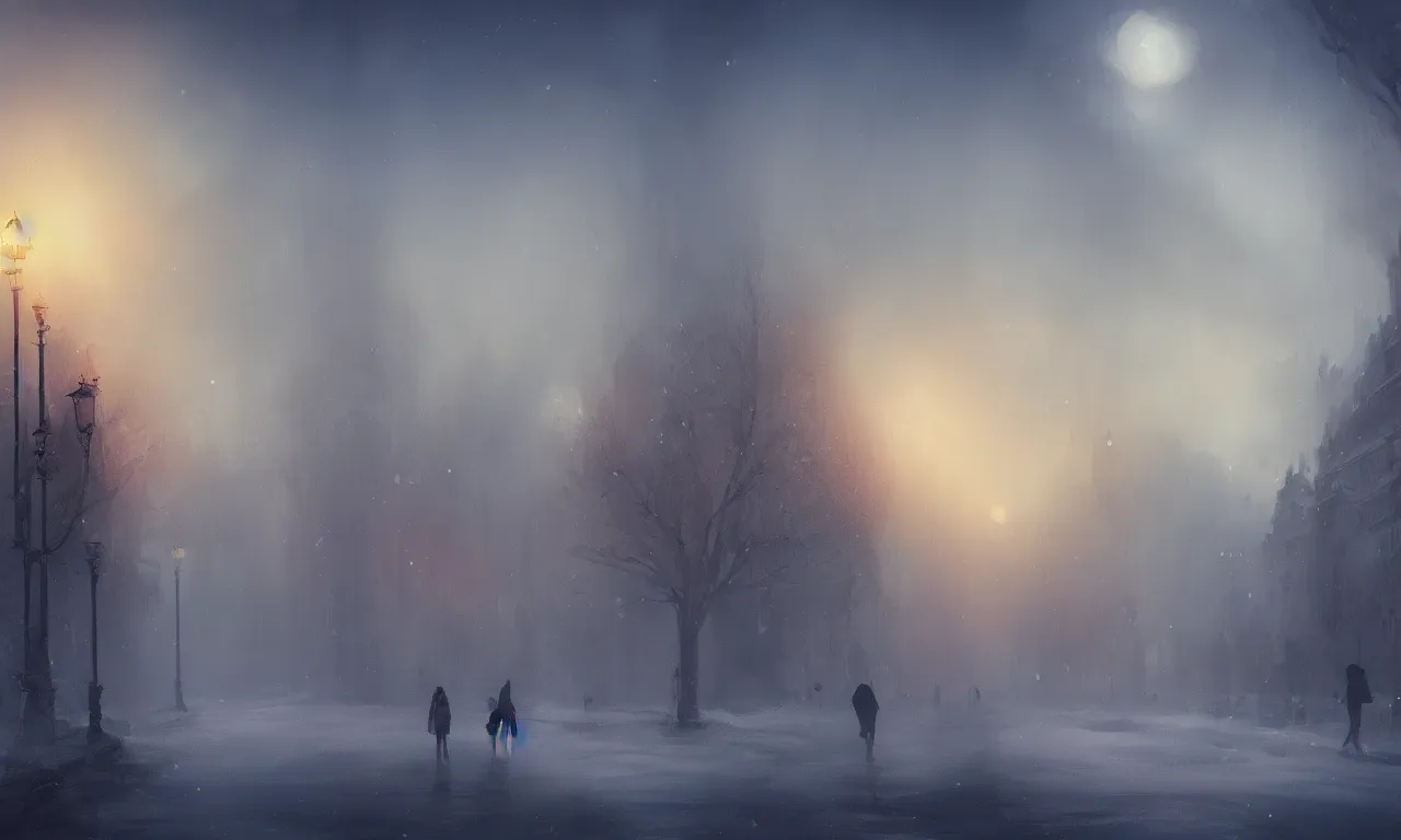 Image similar to a concept of Bucharest sunset in winter in the style of Charlie Bowater with mist, Charlie Bowater