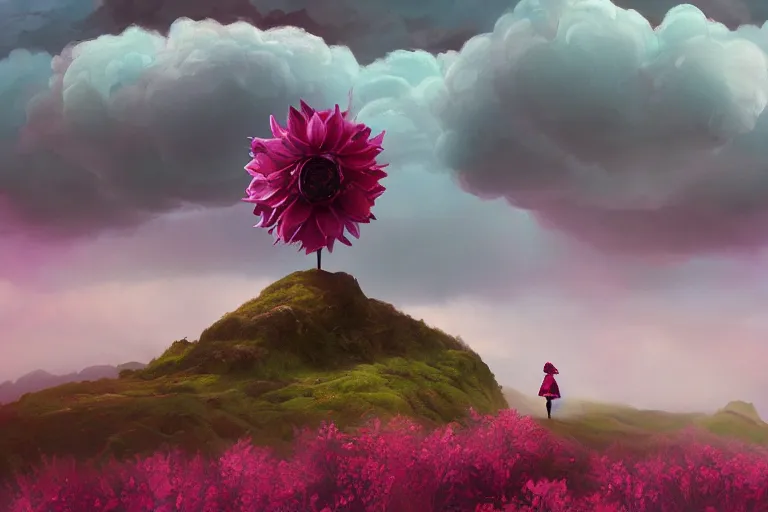 Image similar to giant dahlia flower crown head, girl walking on mountain, surreal photography, pink storm clouds, dramatic light, impressionist painting, digital painting, artstation, simon stalenhag