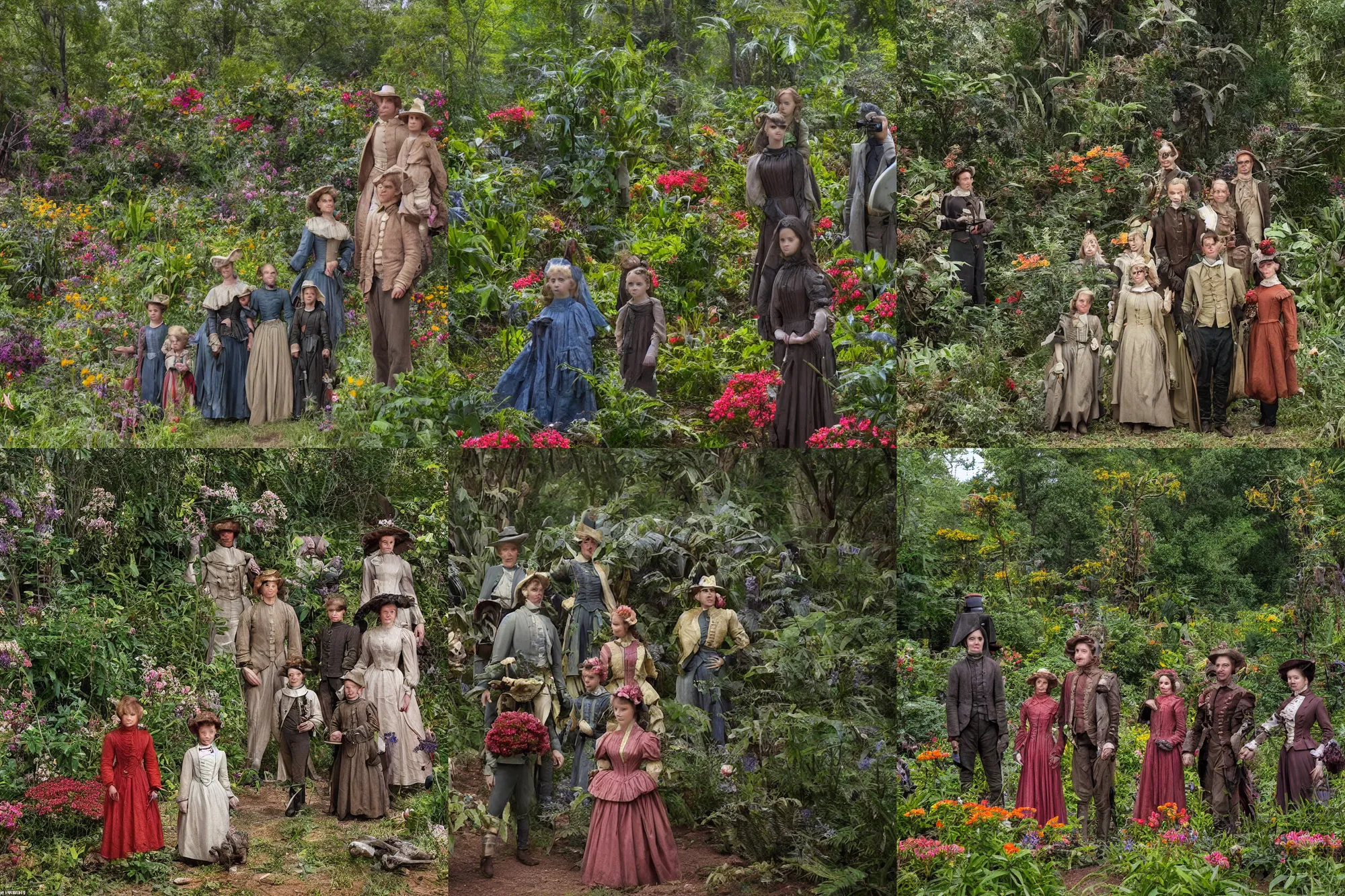 Prompt: sharp, highly detailed, 40960k film, 175000mm film still from a sci fi blockbuster color movie made in 2019, set in 1860, of a family standing in a park, next to some strange alien plants and flowers, on an alien planet, the family are all wearing 1860s era clothes, good lighting, ultra high definition, ultra enhanced faces, in focus, 35mm macro lens