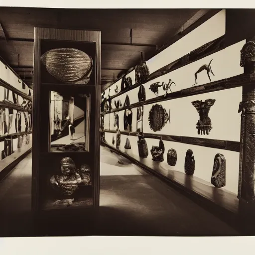 Image similar to An offset photography of an object on display, three colors, anthropology of wonder, (exotic artifacts), bauhaus, colonial expedition, exhibition, 60s style