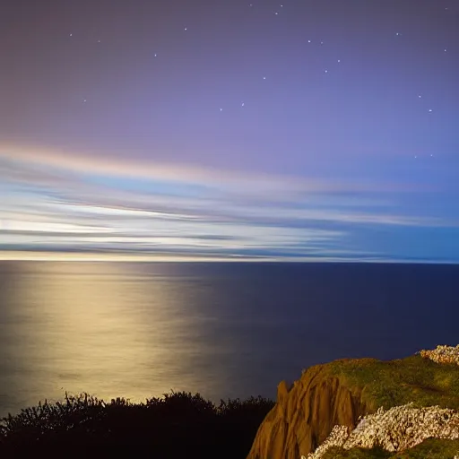 Image similar to deep blue, blue hour, early night, deep blue atmosphere, overcast, low light, black and blue sky, sundown, scattered islands, sea, ocean, low pressure system, cloud with eye, very windy, late evening, distant hotel retreat on cliffside, shining lights on cliff side, polaroid photograph