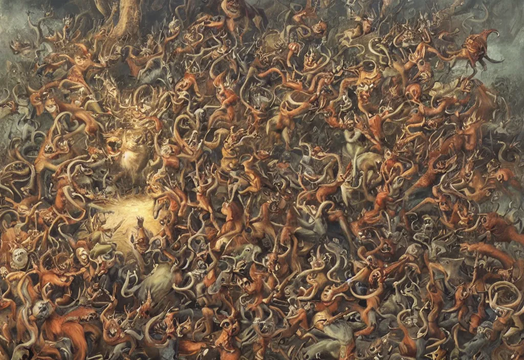 Prompt: a painting of the squirrel king fighting a vast horde of demons