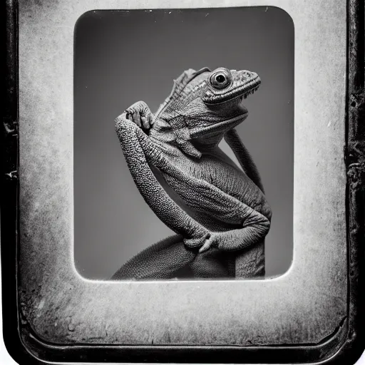 Image similar to closeup wet plate photograph of a chameleon, daugerrotype, collodion photography, studio lights, eye catching, exxagerated texture