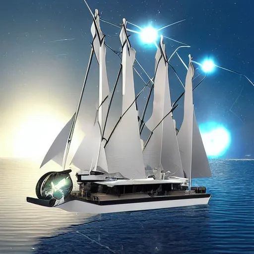 Image similar to marvel comic style futuristic sail ship with solar panel sails mid-journey, robot sailors