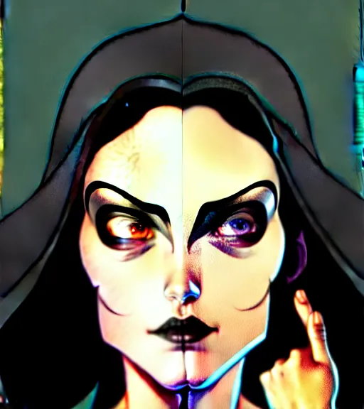 Image similar to artgerm, joshua middleton comic cover art, pretty friendly sweet kind phoebe tonkin eye of horus painted under one of her eyes, young, attractive, slim, she has very pale skin long black hair, she prefers to dress casually and she wears black clothing