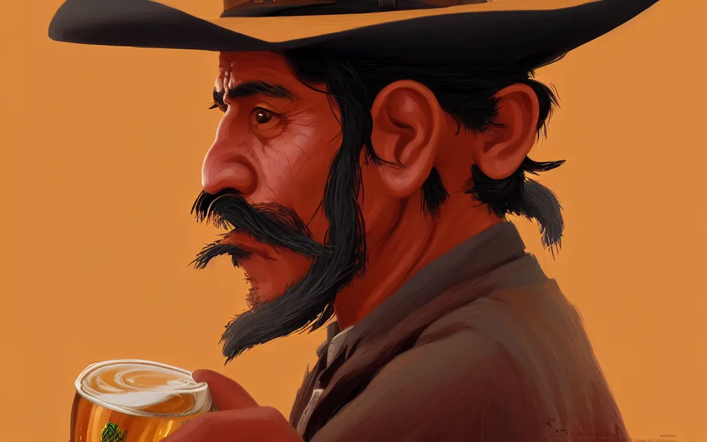 Image similar to photo of juan caloto beer illustration of a mexican man,, with one small, dirt, wild west, with hat, drinking a beer at train station, fantasy, intricate, elegant, highly detailed, digital painting, artstation, concept art by makoto shinkai, ilya kuvshinov, lois van baarle, rossdraws, basquiat,