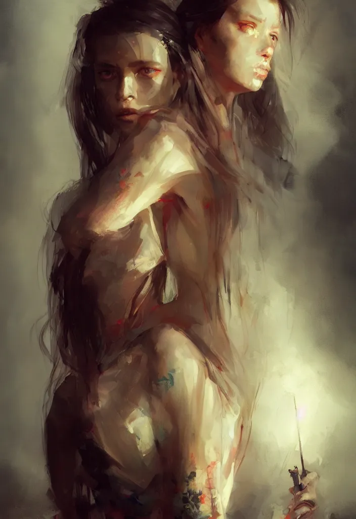 Image similar to full body portrait of a duo of 2 1 years old girl figures, messy hair, oriental tattoos, bespoke tailoring, beautiful, dramatic, cinematic lighting, few fire red highlights, by jeremy mann and greg rutkowski, oil on canvas, artstation, pixiv