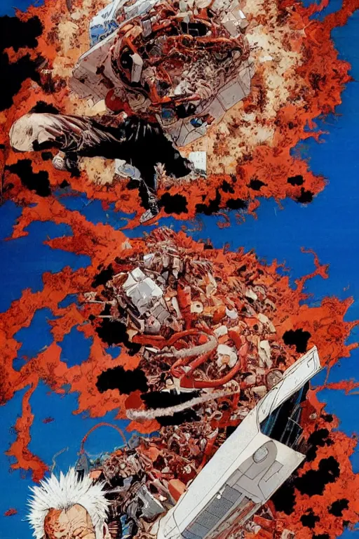 Image similar to full page detailed color illustration of tetsuo destroying a satellite, by Katsuhiro Otomo, 8k, hd, high resolution print