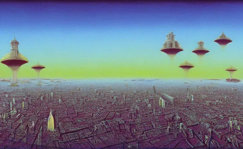 Prompt: A wide angle exterior shot of a mysterious city with UFOs floating in the sky by zdzisław beksiński, colorfull, vibrant color, UHD 8k