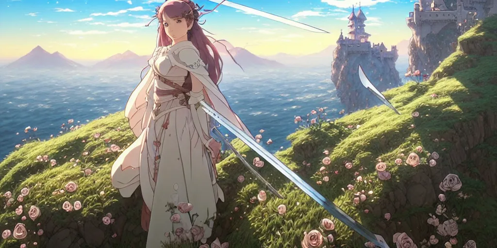 Image similar to the knight and the sword of rose petal, anime, castle core, mountains, rocky roads. by hayao miyazaki and rossdraws and artgerm and greg rutkowski and alphonse mucha and studio ghibli. high quality, stunning, intricate detailed environment. 8 k