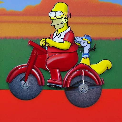 Image similar to homer Simpson riding a red bike, detailed , award winning, art, 8k