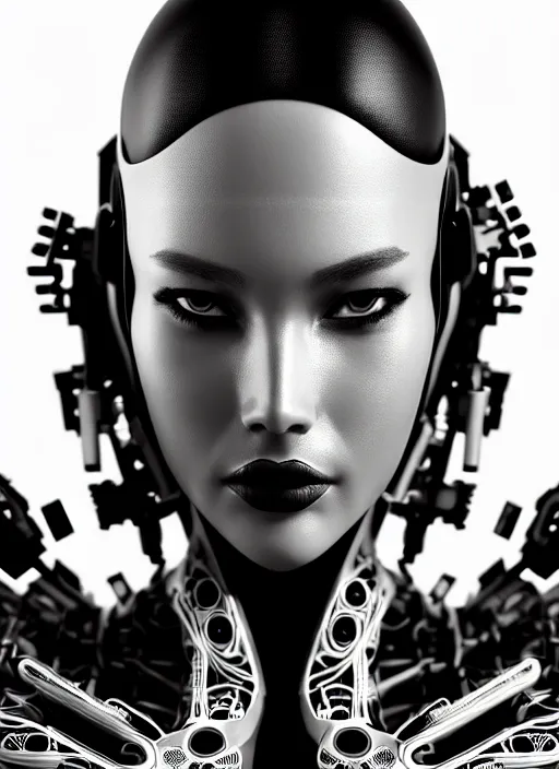 Image similar to a stunning young female cyborg profile face, face is made intricate tribal bio - mechanical, bw, unreal engine, glamor shot, nikon d 7 5 0, closeup, f / 2. 8, low contrast, 1 6 k, rim lighting, optical fiber, cinematic lighting, insanely detailed and intricate, hypermaximalist, elegant, ornate, hyper realistic,