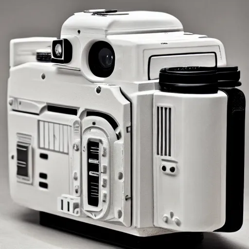 Image similar to photograph of a Stormtrooper inspired medium format TLR camera!!! . very detailed. plain background. 8K . still life photo. elegant vintage design.