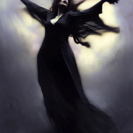 Image similar to hyperrealistic portrait of a woman as a vampire witch in a black coat flying a dark swan through hellish night sky. by jeremy mann and alphonse mucha, fantasy art, photo realistic, dynamic lighting, artstation, poster, volumetric lighting, very detailed faces, 4 k, award winning