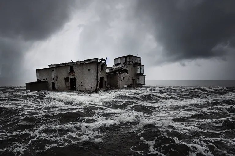 Prompt: danila tkachenko, low key lighting, an abandoned high soviet apartment building in the middle of the stormy ocean, a shipwreck, storm, lighning storm, crashing waves, dramatic lighting